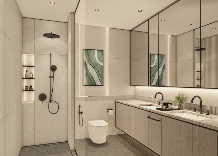 Matte Black Fixtures, Double Vanity — design inspiration, not a Crownstone project photo