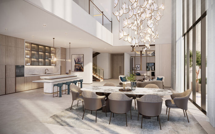 Statement Chandelier, Double-Height Dining — design inspiration, not a Crownstone project photo