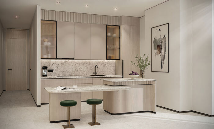 Curved Island, Glass-Front Cabinetry — design inspiration, not a Crownstone project photo