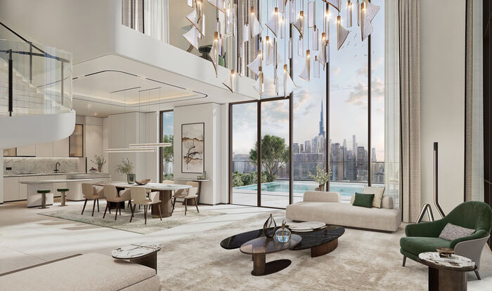 Angular Chandelier, Skyline & Pool Views — design inspiration, not a Crownstone project photo