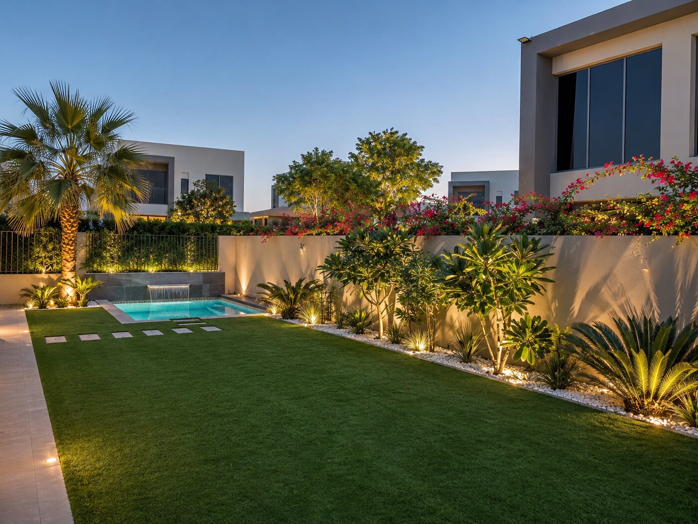 Dubai Hills Estate villa rear garden after landscaping — plunge pool, water feature and lit planting beds