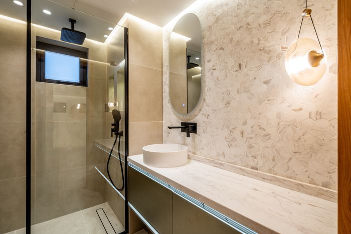 Vanity & Shower Detail &mdash; completed Crownstone villa renovation, Dubai