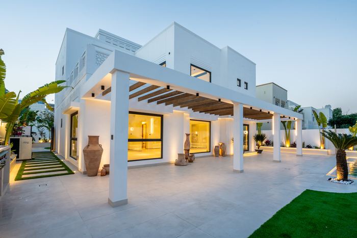 Exterior Pergola at Dusk &mdash; completed Crownstone villa renovation, Dubai