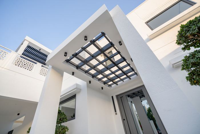 Facade Detail with Pergola &mdash; completed Crownstone villa renovation, Dubai