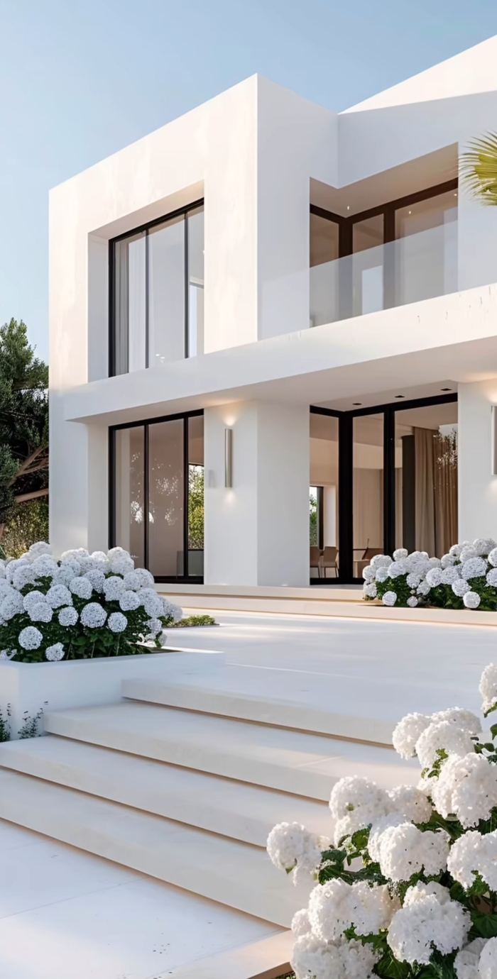 Facade with Hydrangea Landscaping &mdash; completed Crownstone villa renovation, Dubai