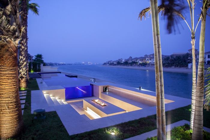 Waterfront Pool & Fire Pit Lounge &mdash; completed Crownstone villa renovation, Dubai